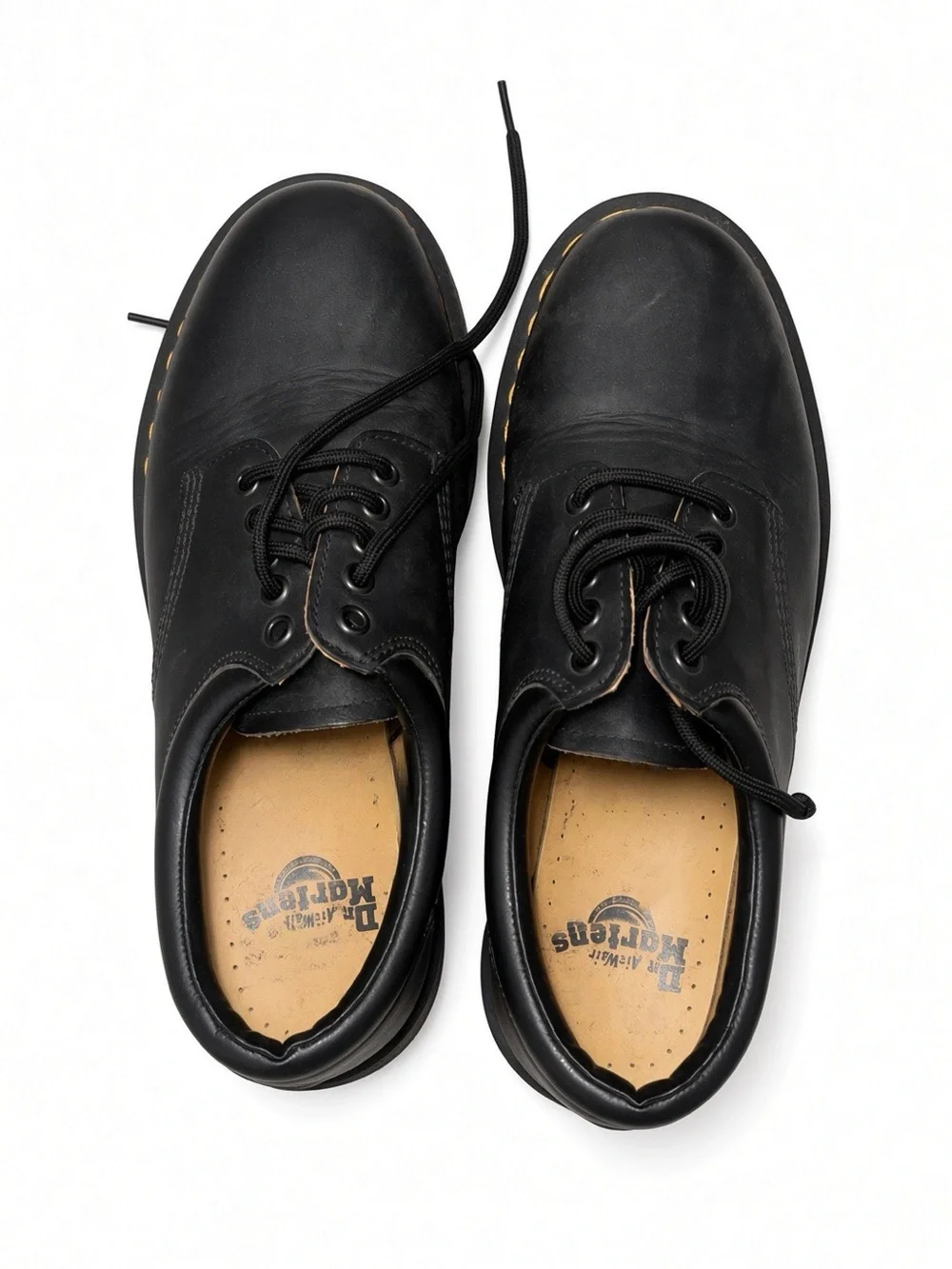 Dr. Martens Black Leather 5-Eye Lace-Up Oxfords with Yellow Stitching